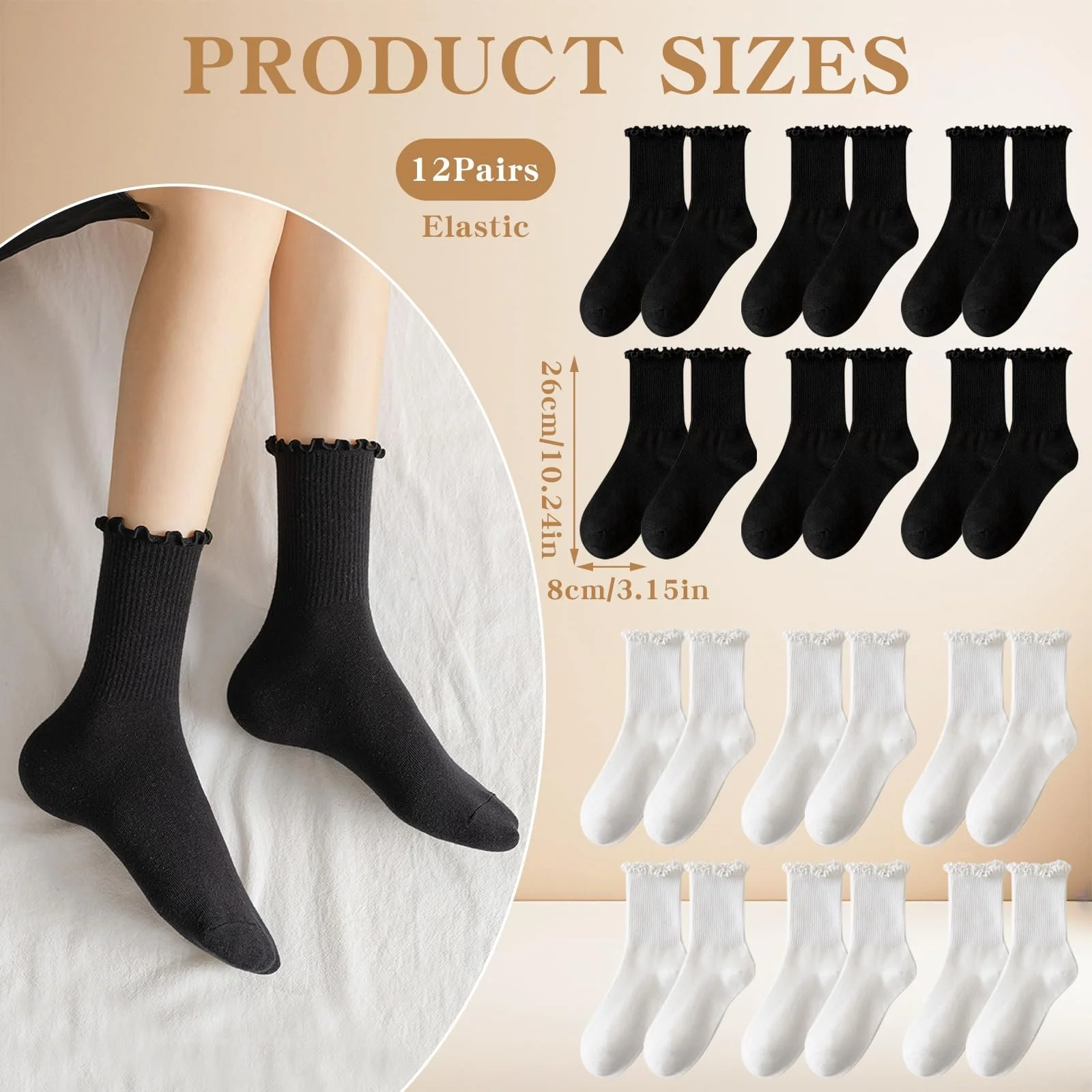 Носки с рюшами 12 пар, Женские, Белые и Черные Носки с Рюшами, Дышащие Хлопковые Носки, Мягкие Носки до Щиколотки для Ежедневного Использования, Досуга, Подарок, фото №2