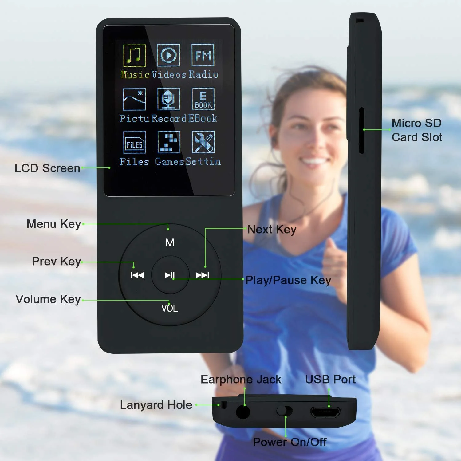 MP3-плеер COVVY 8GB, поддержка карт памяти SD до 64 GB, 70 часов воспроизведения музыки, звук без потерь, Hi-Fi MP3-плеер., фото №6