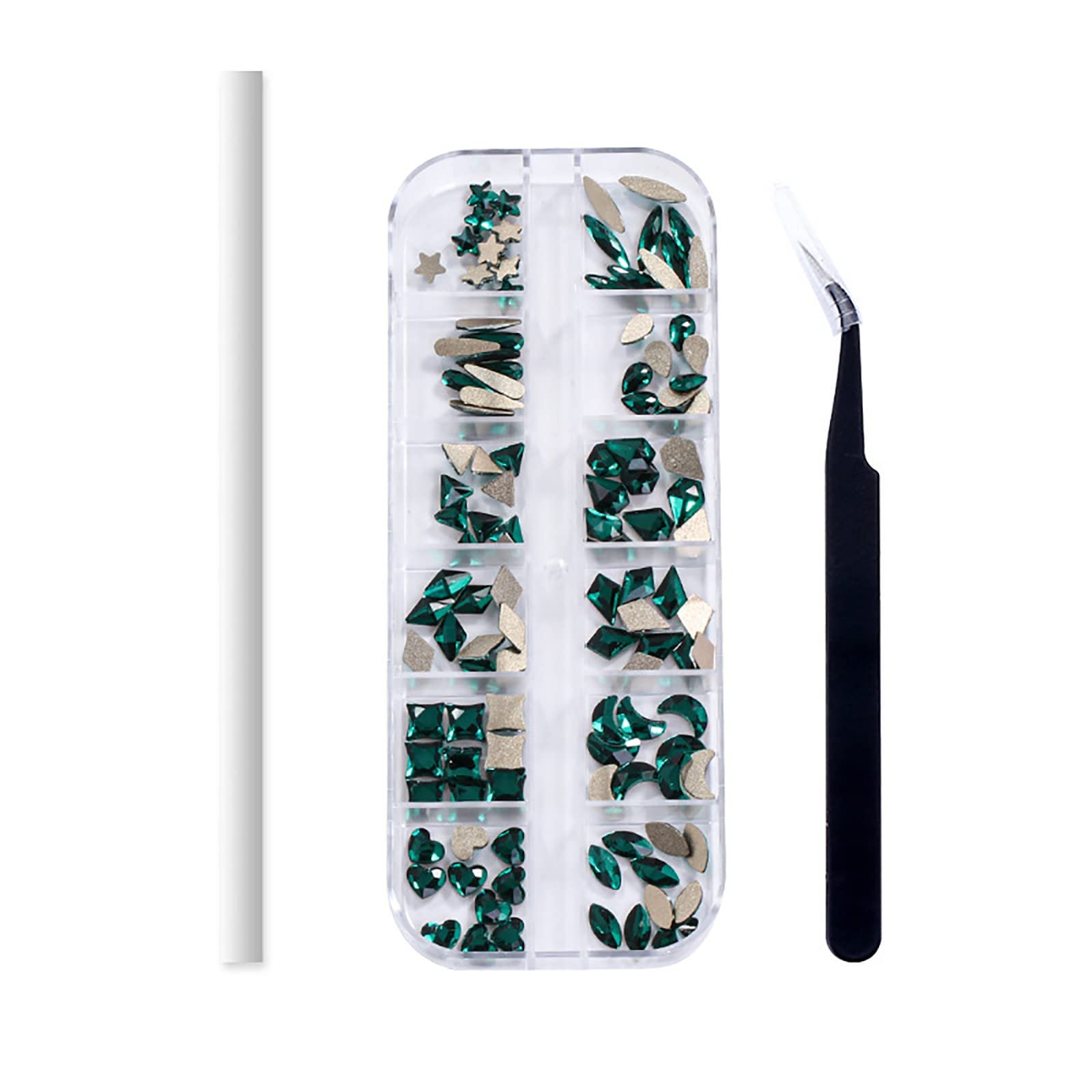 Стрази для нігтів Зелені Набір 12 комірок Плоскі Різні форми, фото №1