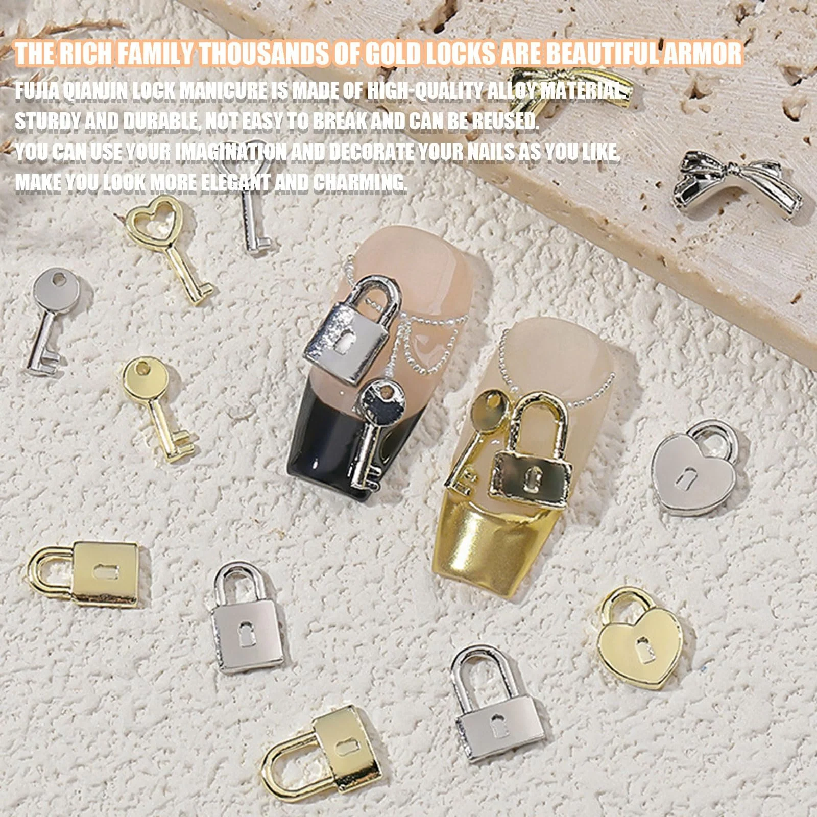 3D Шармы для ногтей Набор 60 шт Замок Ключ Бантик Форма Драгоценные камни для ногтей Золото Серебро Металлический сплав Ювелирные изделия для маникюра Дизайн DIY, фото №3