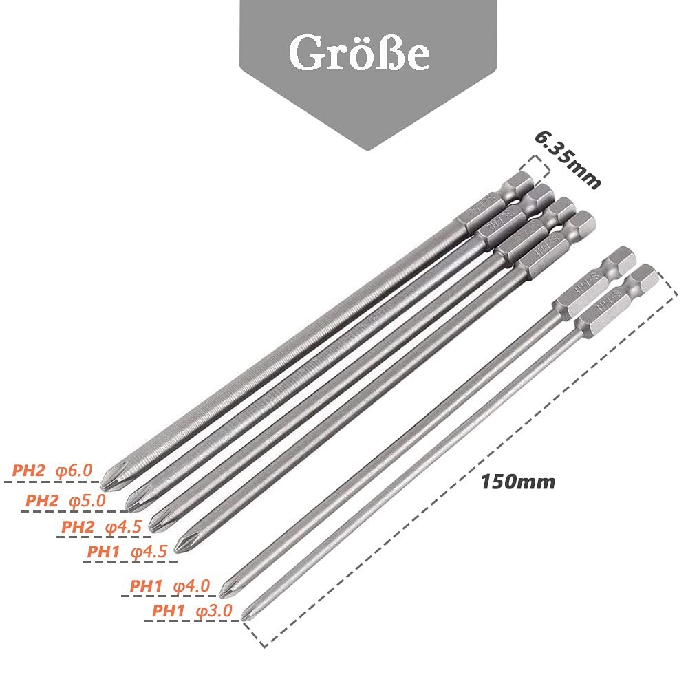 Біти викрутки магнітні довгі Mesee 6 частин Phillips 1/4 дюйма 150 мм, фото №2 Біти викрутки магнітні довгі Mesee 6 частин Phillips 1/4 дюйма 150 мм, фото №2