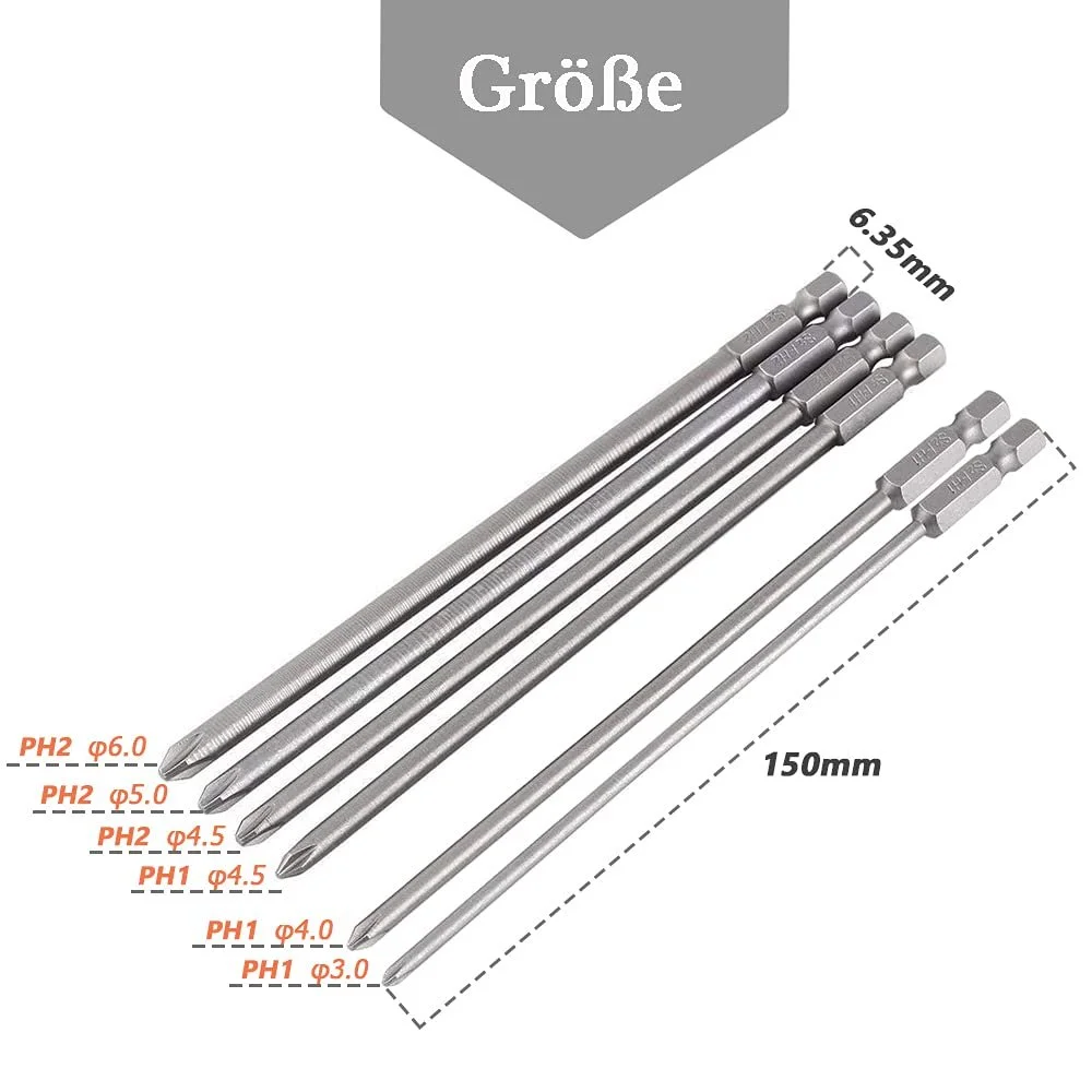 Биты отвертки магнитные длинные Mesee 6 штук Phillips 1/4 дюйма 150 мм, фото №2