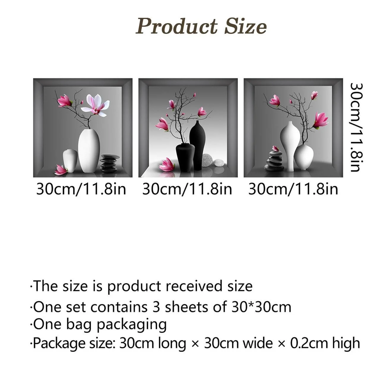 Наклейки на стіну 30 x 30 см Рослини та вази Набір 3 шт. 3D Самоклейні, фото №2