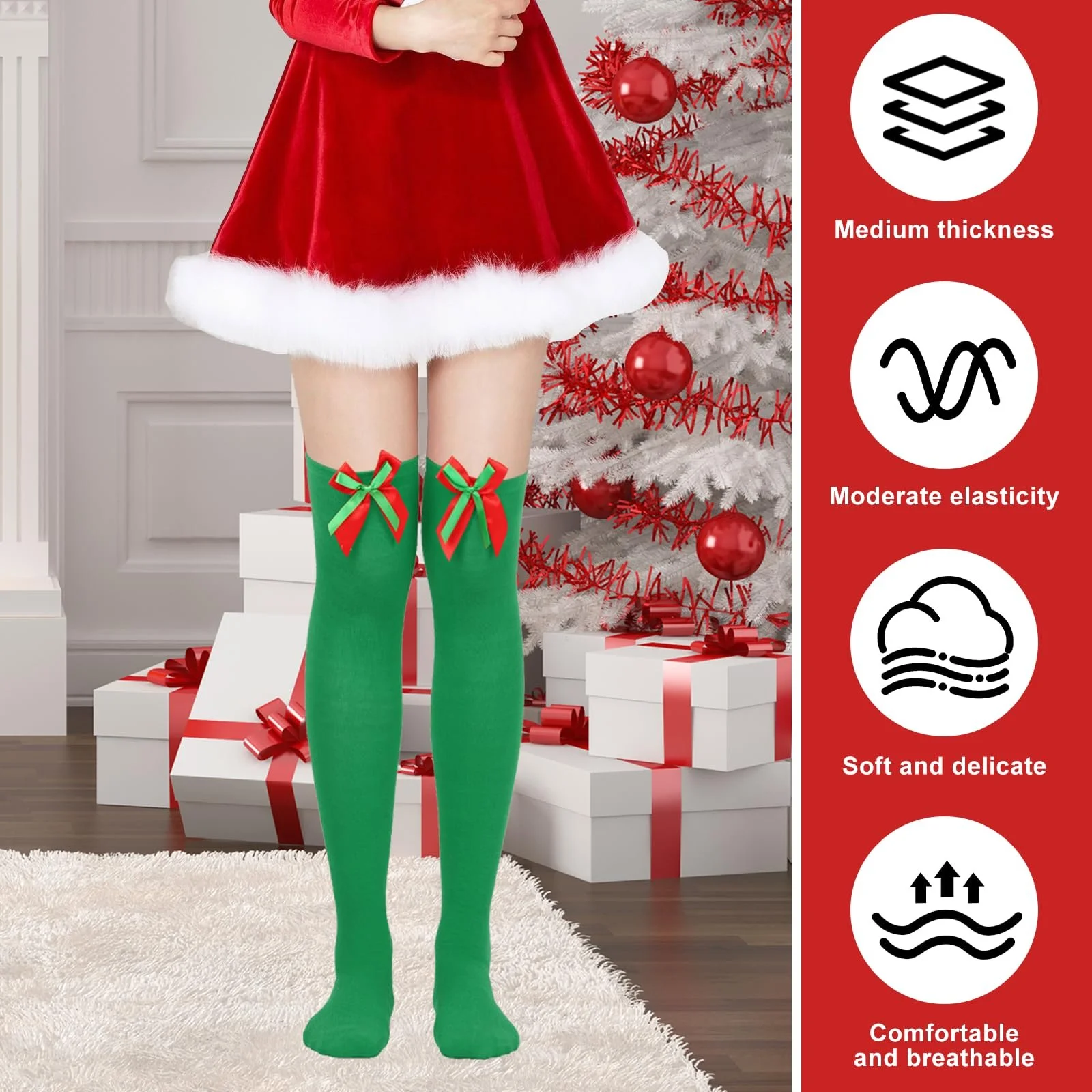 Жіночі гольфи Різдвяні в смужку (3 пари) для косплею, червоні, фото №3