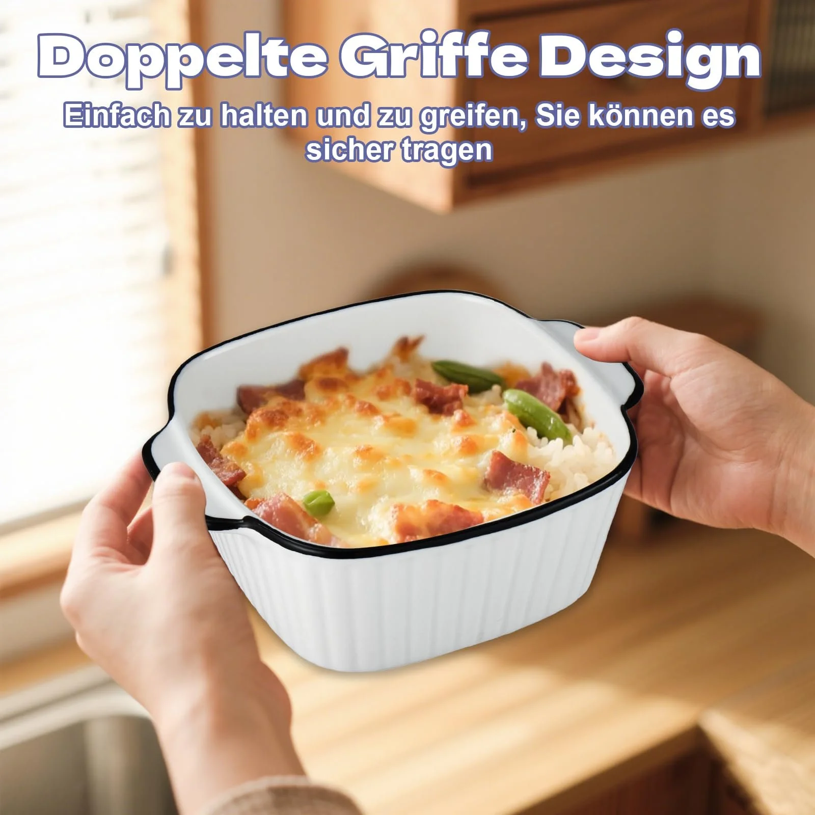 Набір форм для запікання 2 шт. керамічні квадратні 14.5 x 12 x 5.5 см 400 мл білі з чорними смугами, фото №6