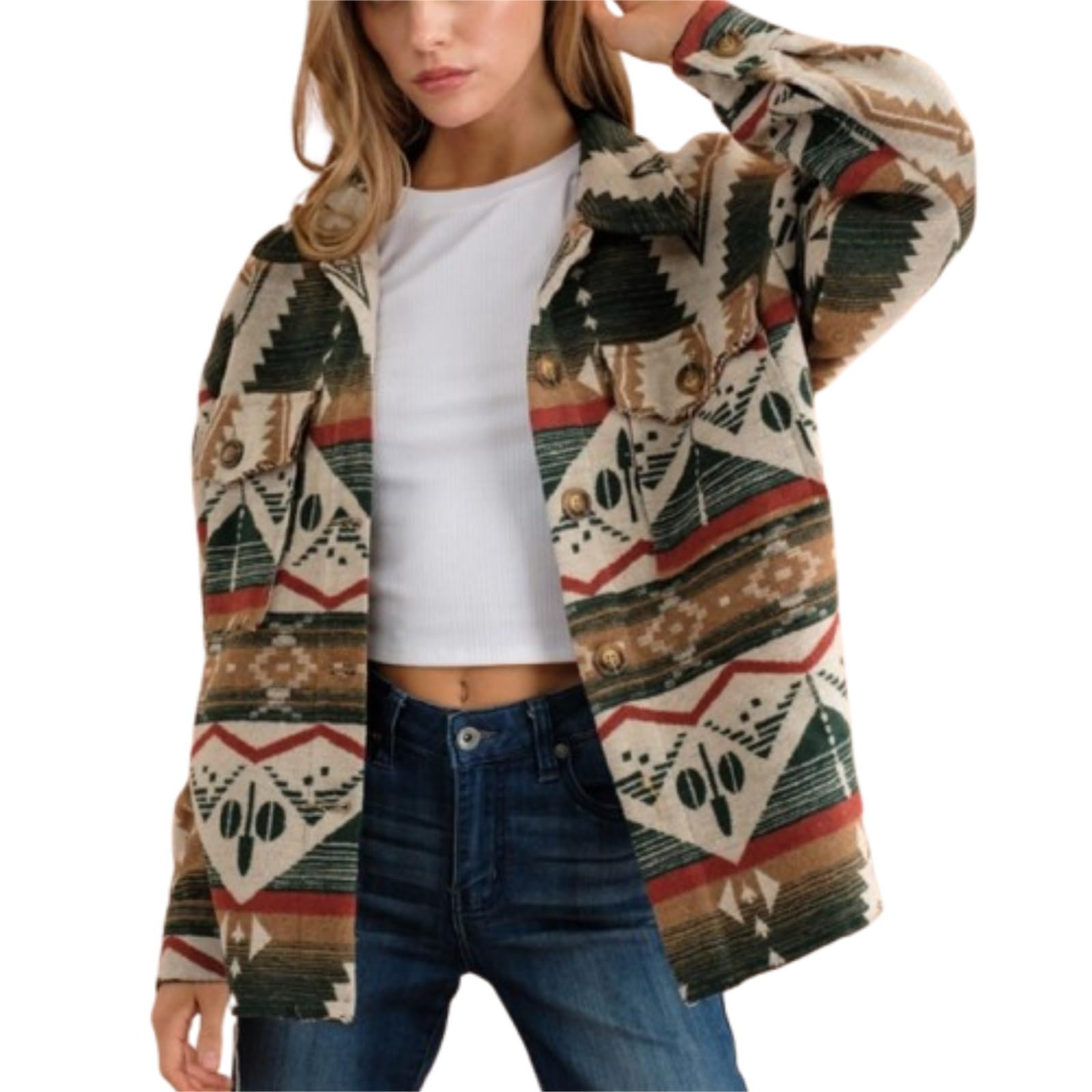 Жіноча куртка в стилі бохо, вінтажний геометричний принт, на ґудзиках, фото №1