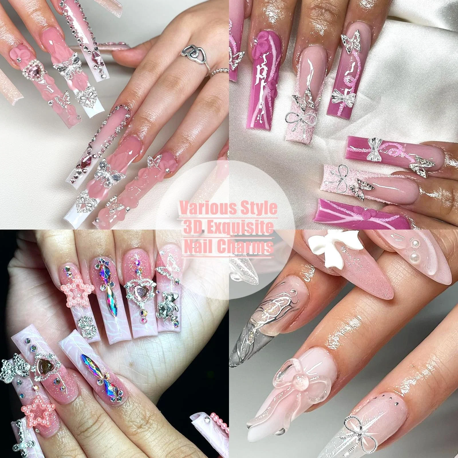 Украшения для ногтей Бантики 3D Серебряные Подвески для ногтей в форме сердца с розовыми стразами Y2K Блестящие украшения для ногтей Акриловые аксессуары для женщин 32 шт, фото №7