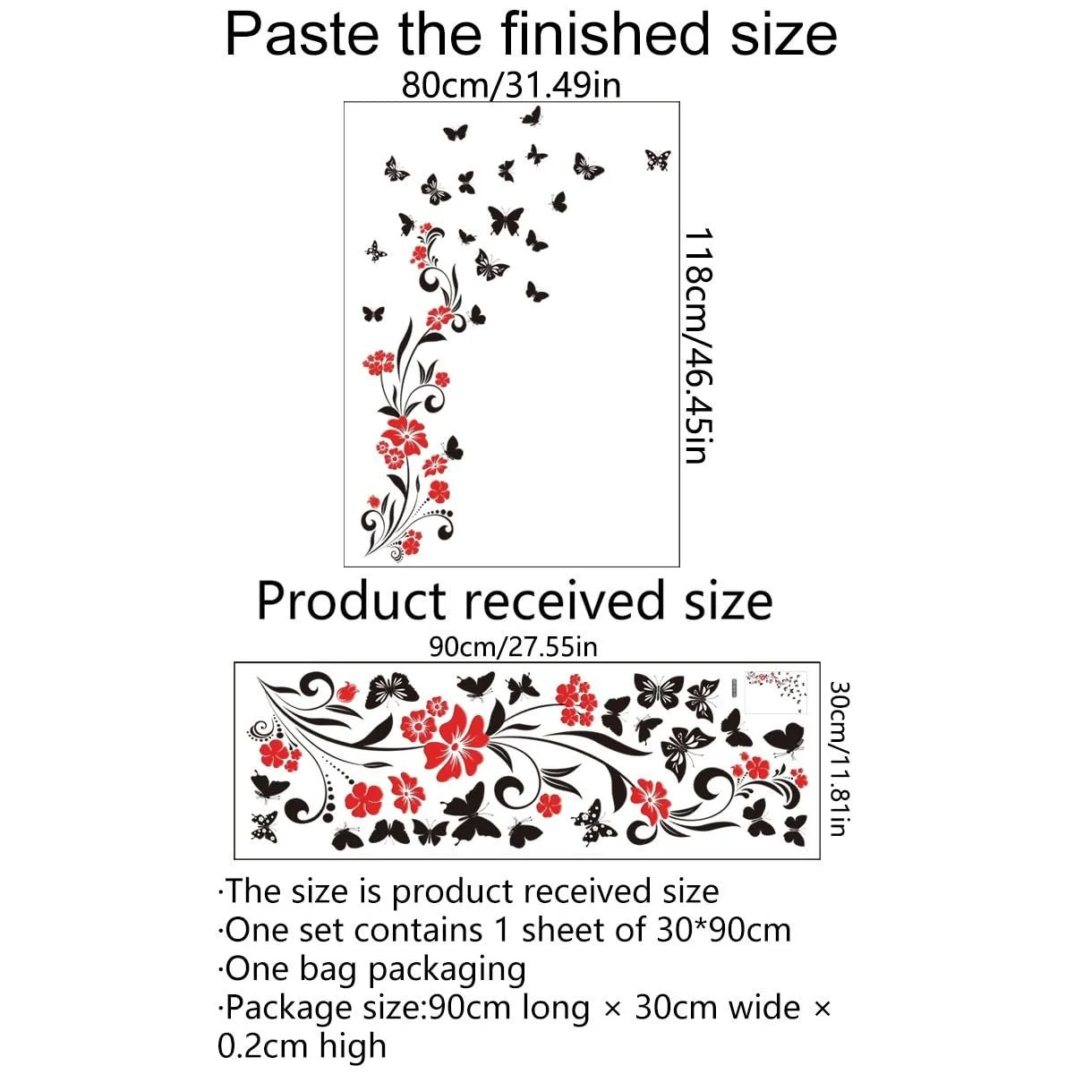 Наклейка на стену Цветы с бабочками Флористическая Черно-красная 118 x 80 см ПВХ, фото №4