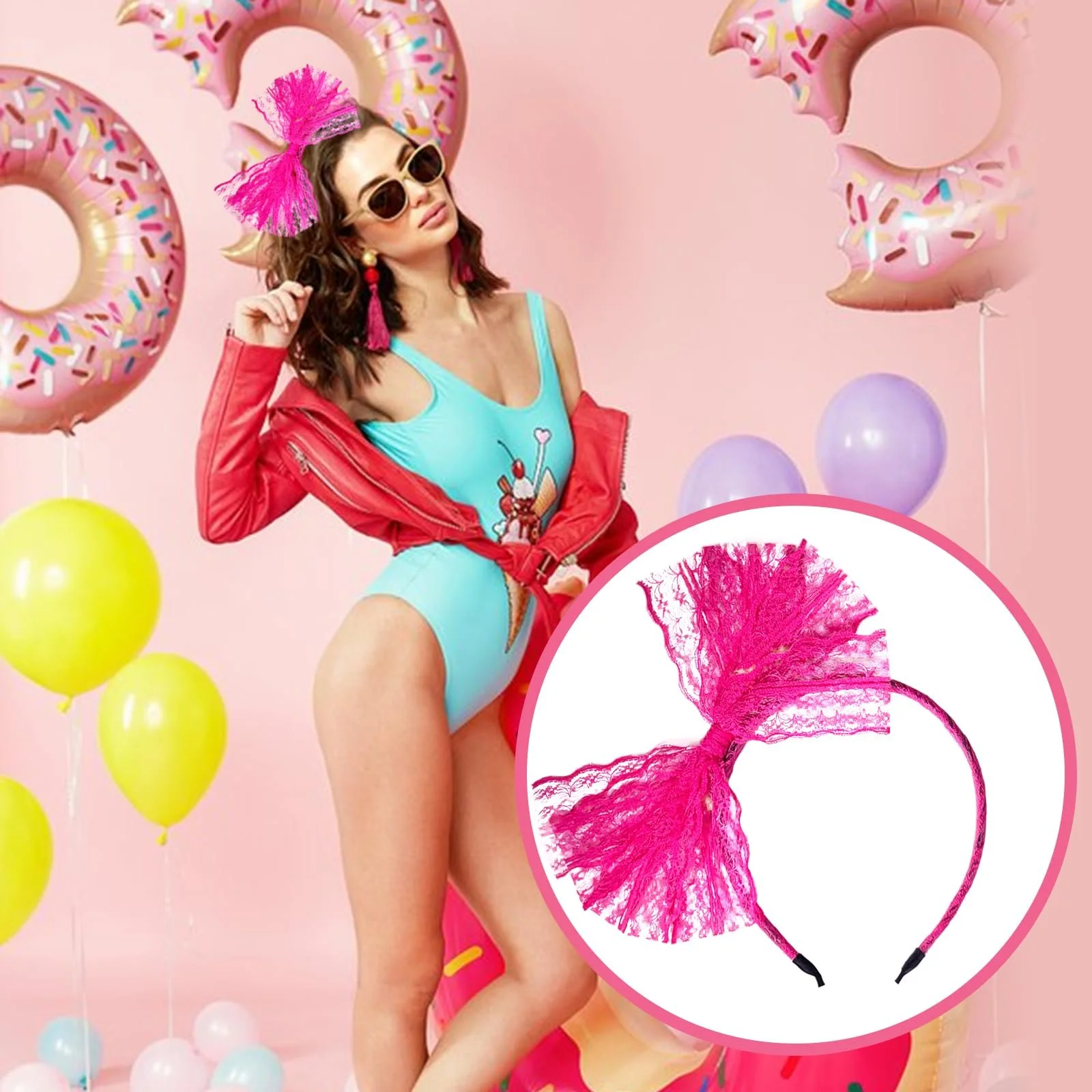 Обруч на голову Неон з бантом 1980-х Рожевий, фото №6