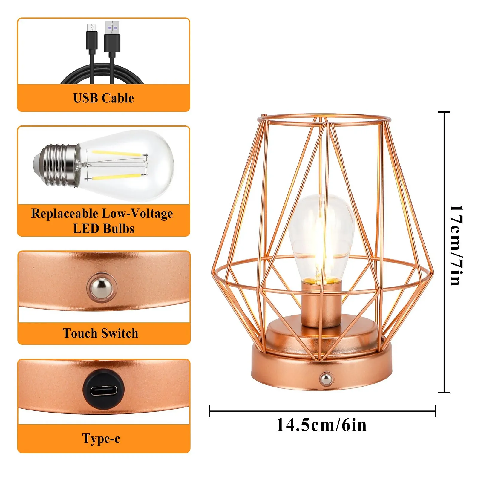 Настільна лампа TRIROCKS Diamond набір 2 шт. акумуляторна LED сенсорна з димуванням Рожеве золото, фото №2