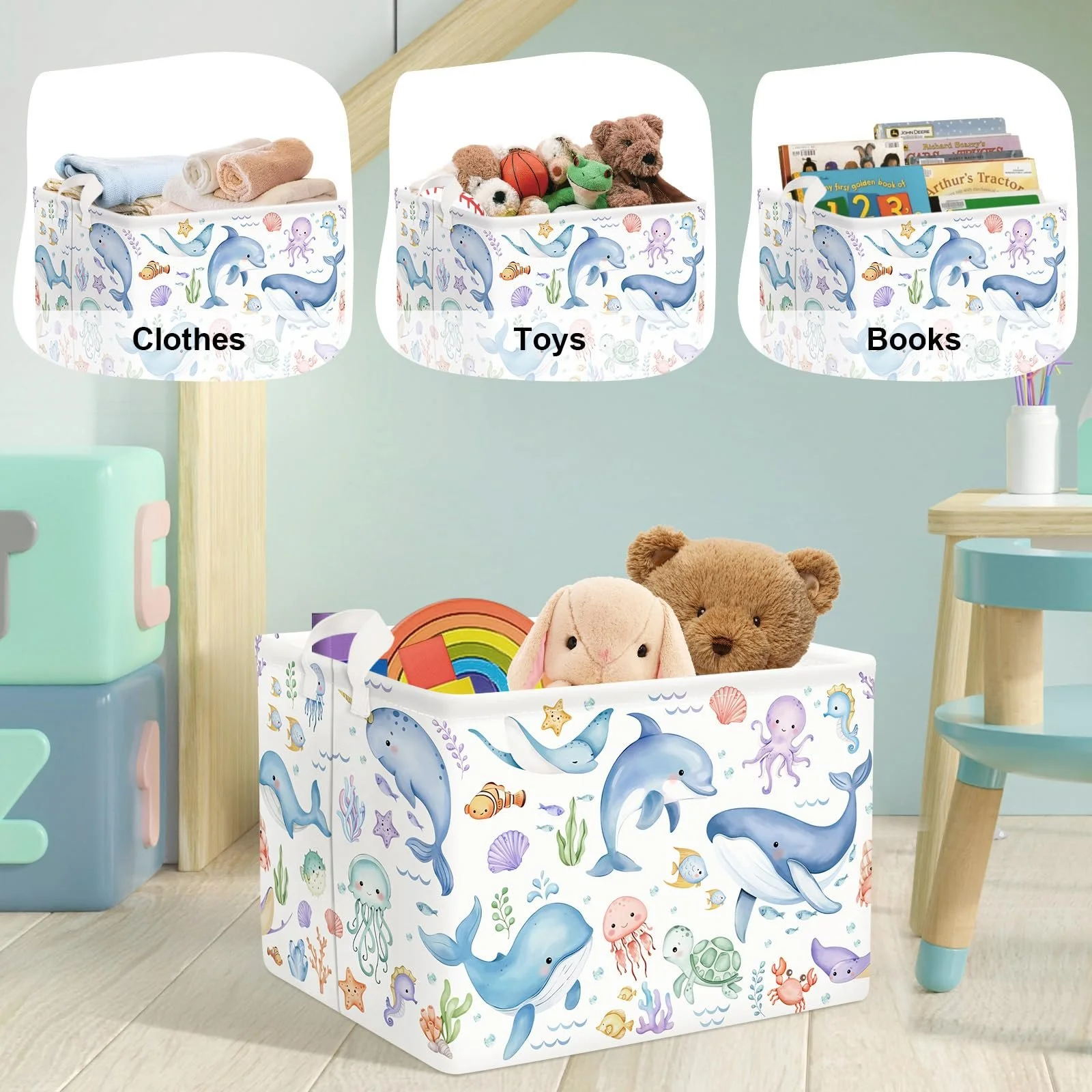 Корзина для игрушек детская HUUMONSS Морские существа для мальчиков и девочек, Синие киты, 36 л, фото №5 Корзина для игрушек детская HUUMONSS Морские существа для мальчиков и девочек, Синие киты, 36 л, фото №5