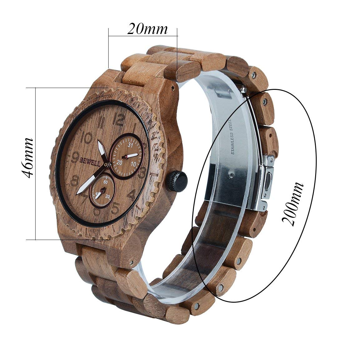 Мужские часы BEWELL Деревянные Аналоговые Японский кварцевый механизм с деревянным ремешком W154A, фото №3