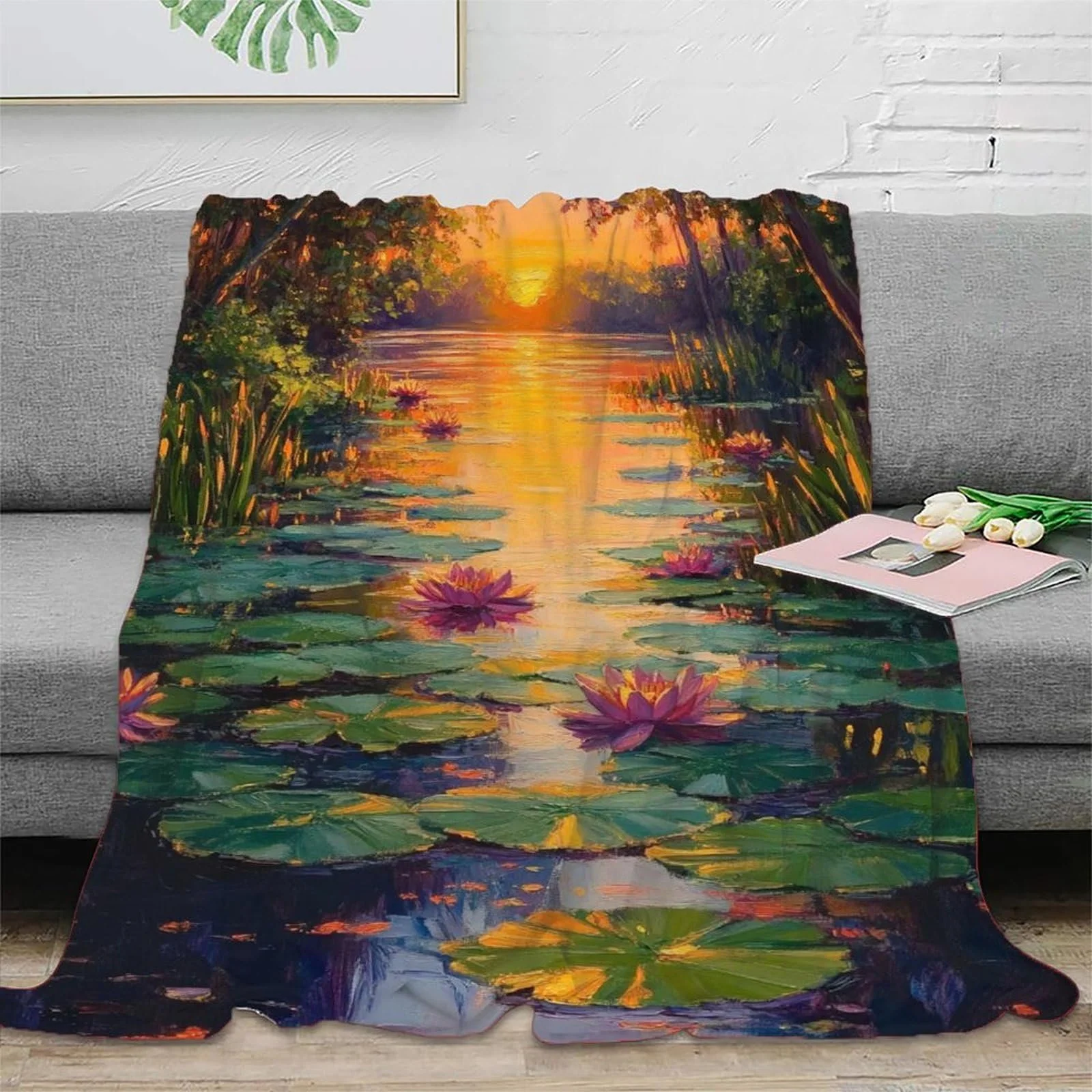 Покривало Serene Pond with Water Lilies Сталевий 3D Мікроволокно, фото №2