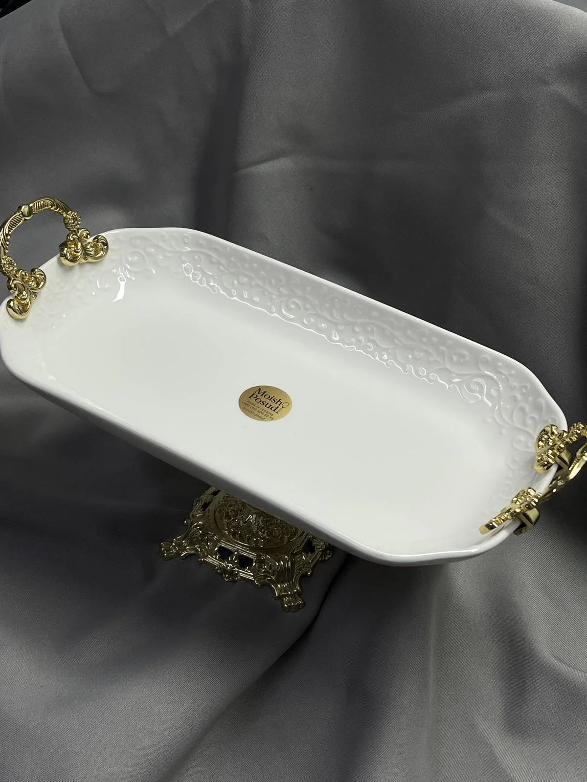 Блюдо сервіровочне на золотій ніжці з золотими ручками  32х18 см поглиблене, фото №2