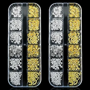 Украшения для ногтей, 2 коробки золотых звезд, 24 ячейки, украшения для ногтей в форме звезд, золотые серебряные украшения, блестящие сплавные камни для дизайна ногтей - Фото 1