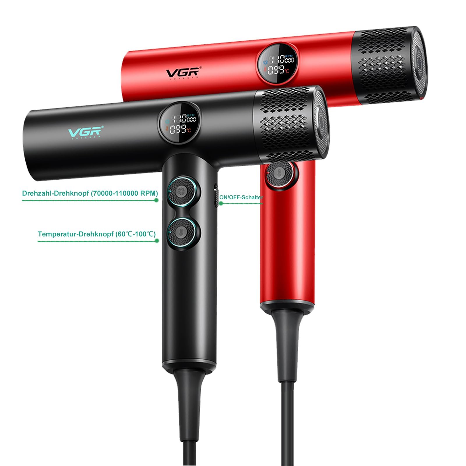 Фен VGR 401 с отрицательными ионами, профессиональный BLDC мотор, LED дисплей, регулировка температуры и скорости, магнитный диффузор и 2 насадки, черный, фото №2