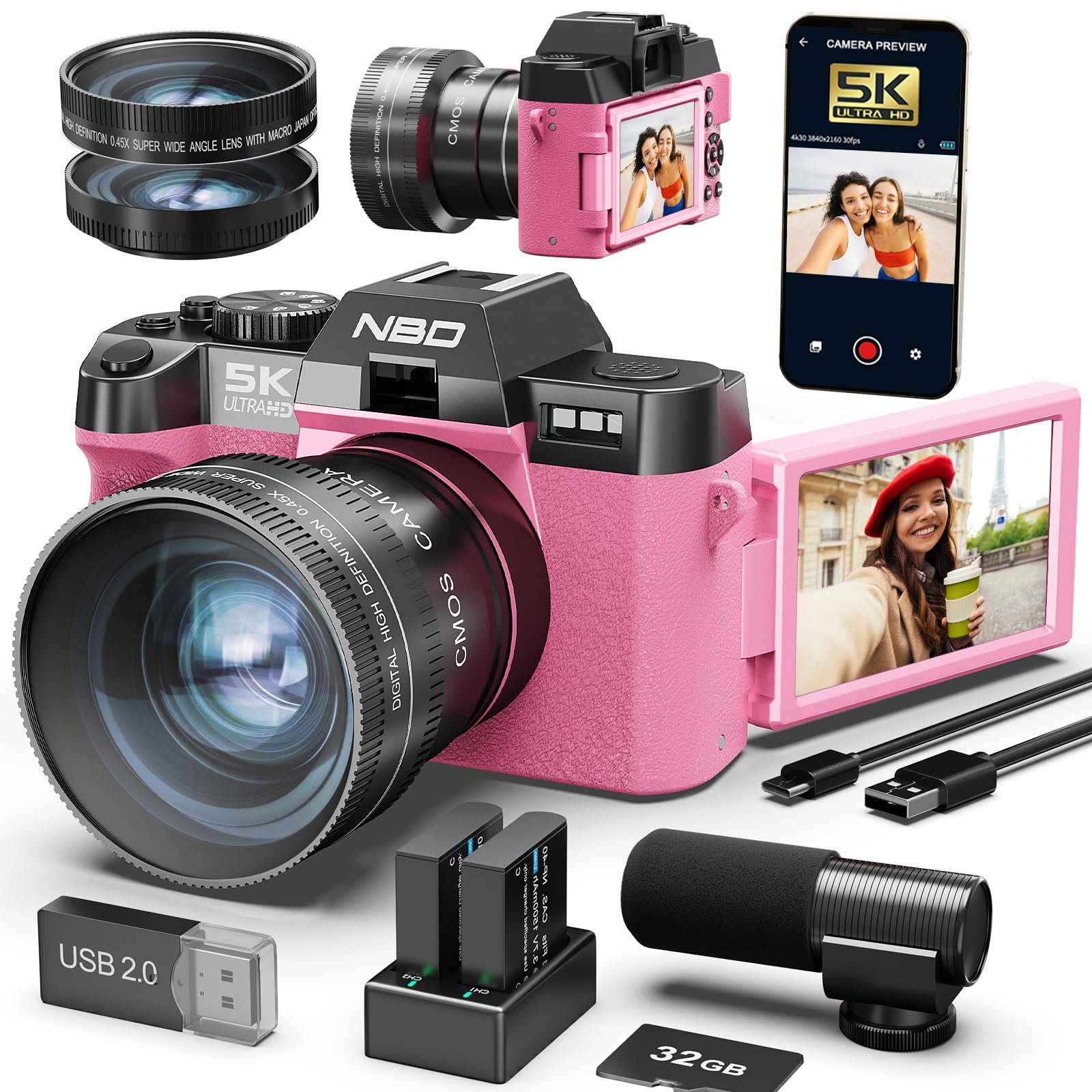 Фотокамера цифрова NBD 5K 48MP з автофокусом та 16-кратним зумом, 3-дюймовий 180

Складаний дисплей, WiFi - в комплекті ширококутний/макрооб'єктив + 2 батареї (карта 32 ГБ + мікрофон) Рожевий, фото №1