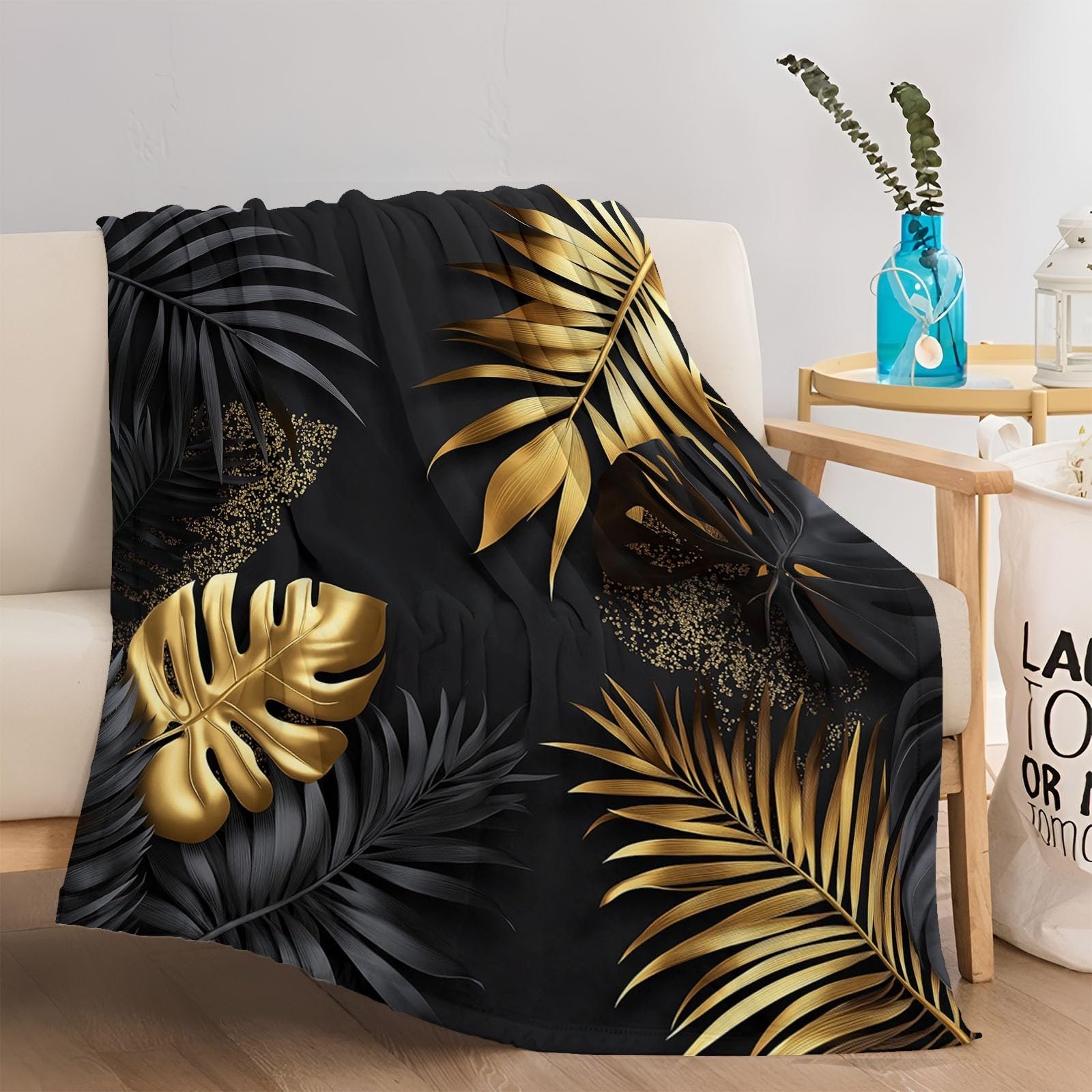 Плед Cuddly Теплий Tropical Luxury Monster Leaf Pattern 150 x 200 см Чорний Золотий Фланелевий, фото №1