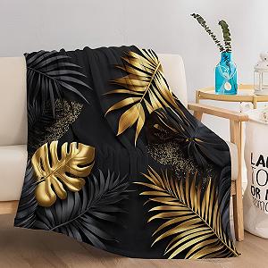 Плед Cuddly Теплий Tropical Luxury Monster Leaf Pattern 150 x 200 см Чорний Золотий Фланелевий - Фото 1