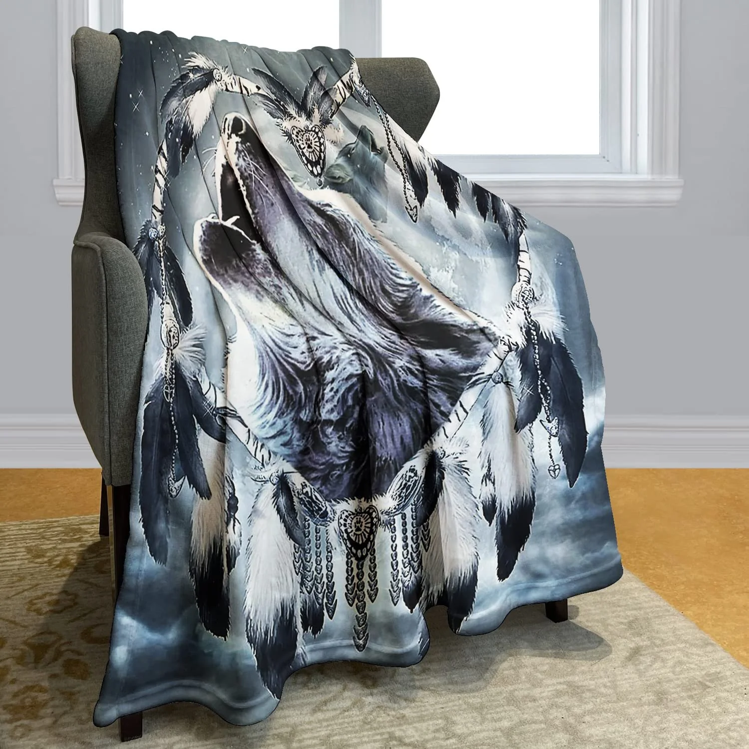 Фланелевое одеяло Violetpos 150 x 200 см Мягкое флисовое одеяло Уютные одеяла Мягкий плед для кровати Волк Душа Ловец снов в форме сердца, фото №2