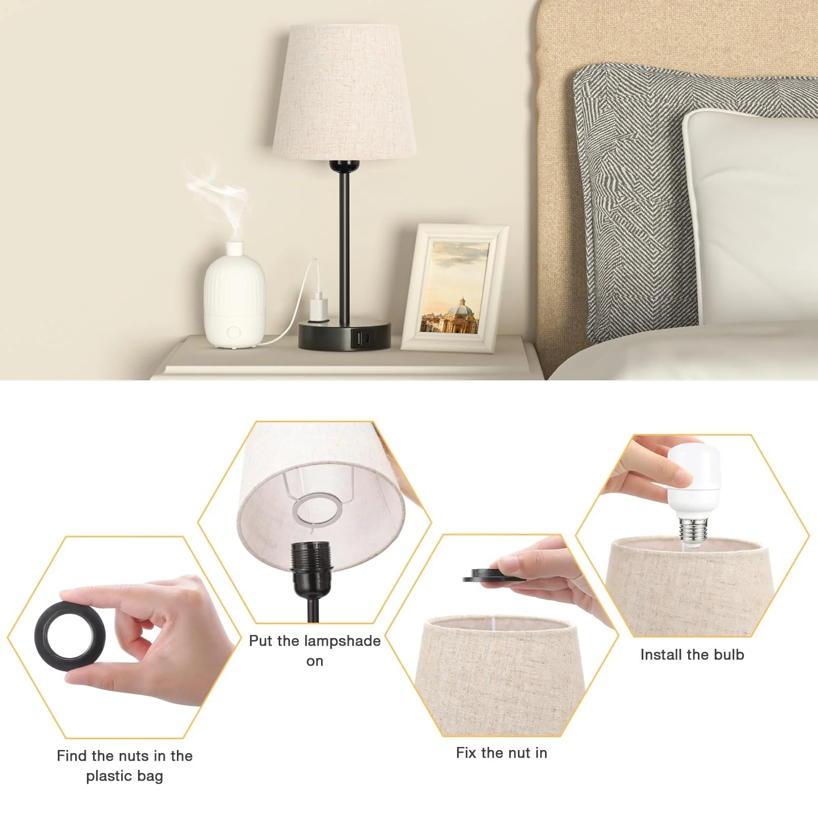 Настільна лампа Kakanuo Набір з 2 шт. Сенсорна USB A+C LED Бежевий, фото №8