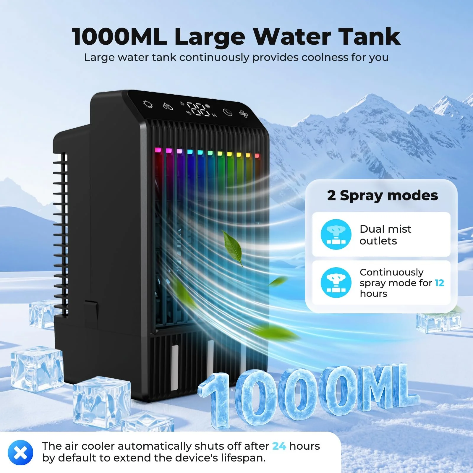 Мобильный мини-кондиционер 4-в-1 с дисплеем 1000 мл 4 скорости Пульт Двойное распыление 7 цветов, фото №4