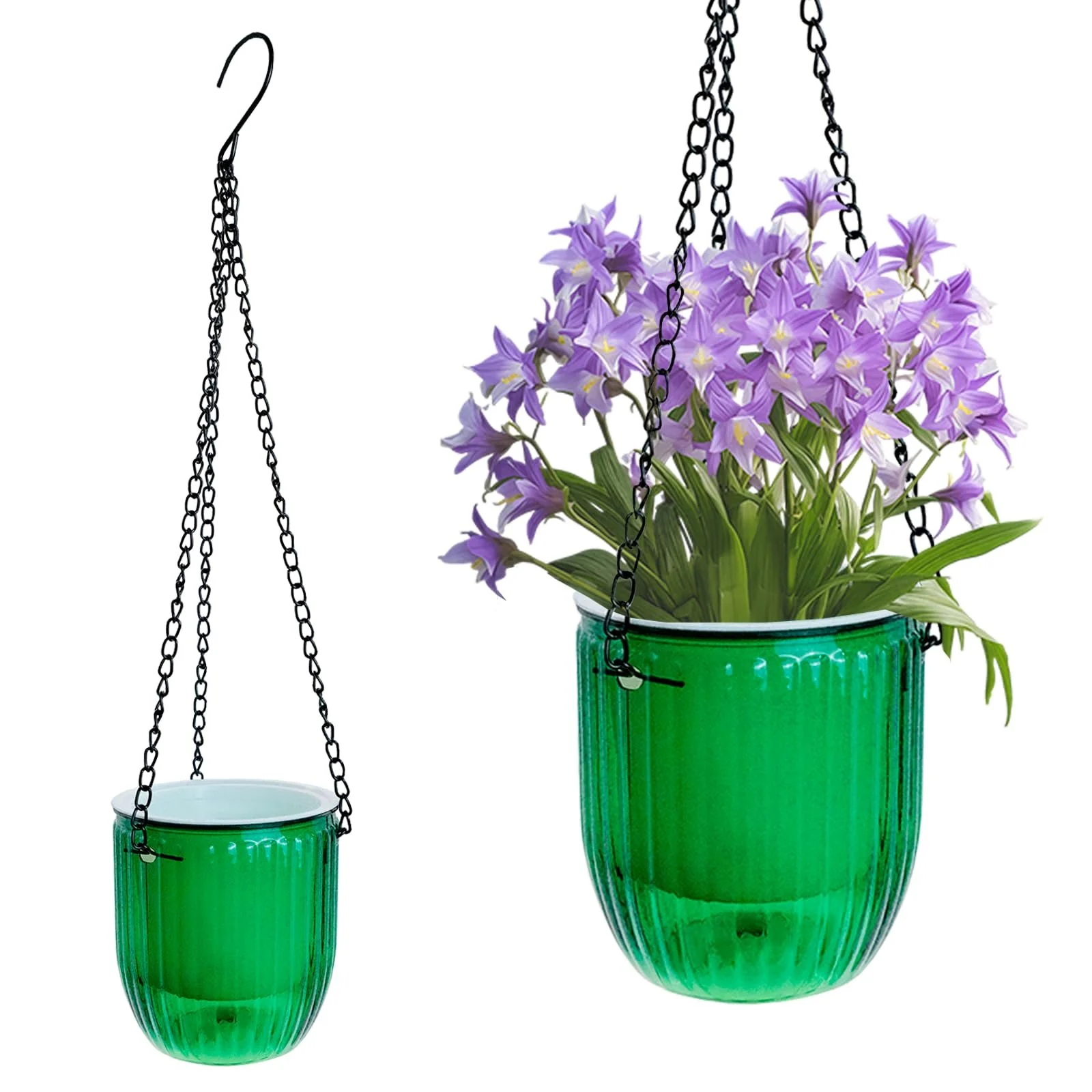 Подвесной вазон для цветов Pack of 2 с дренажным отверстием, металлической цепью и S-образными крючками Прозрачный зеленый, фото №1