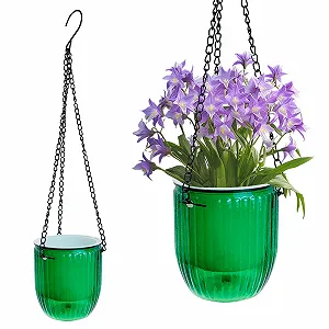 Подвесной вазон для цветов Pack of 2 с дренажным отверстием, металлической цепью и S-образными крючками Прозрачный зеленый - Фото 1