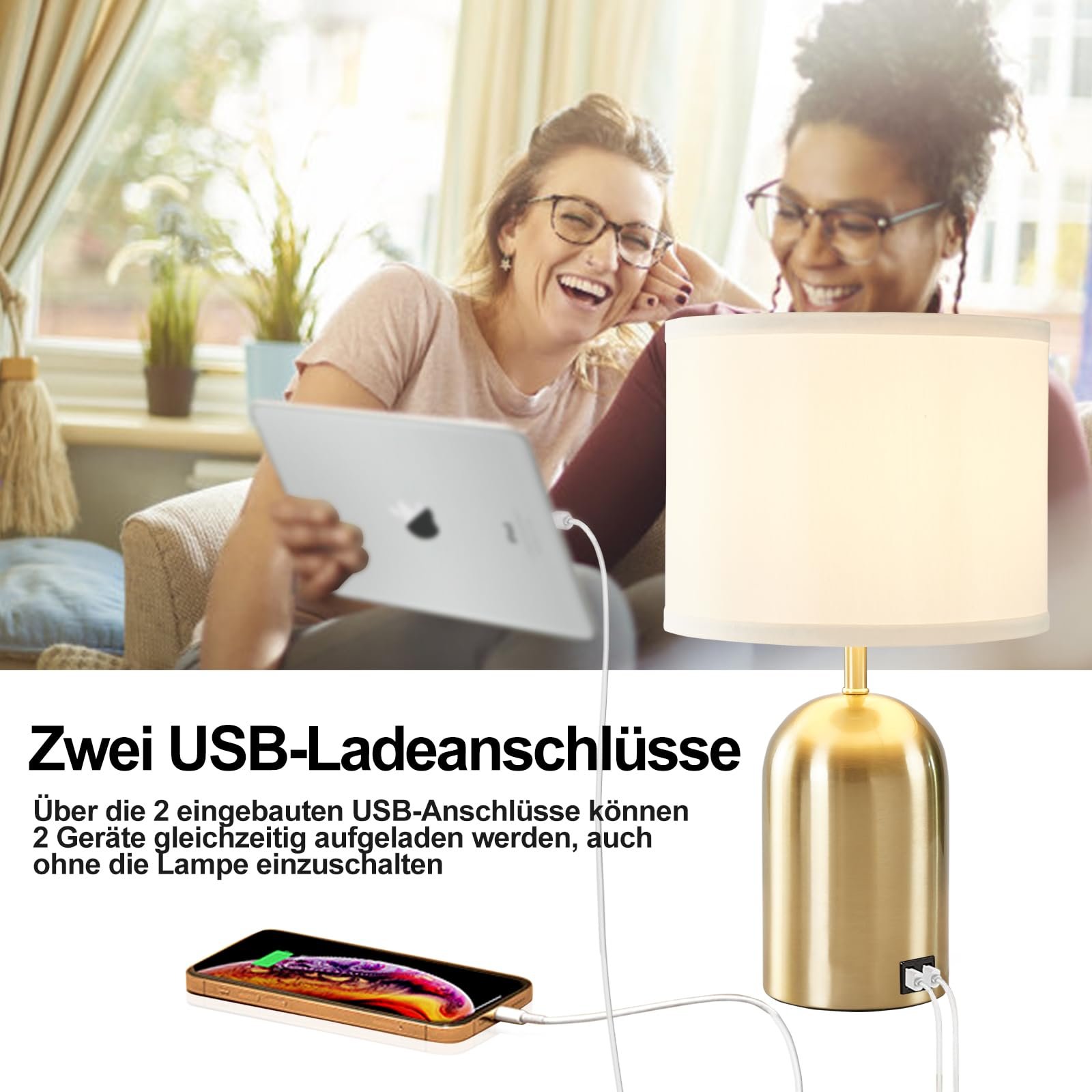 Настільна лампа GyroVu Modern Bedside Lamp з USB-портом, сенсорним керуванням та 3 рівнями яскравості, тканинний абажур золотиста основа, фото №3