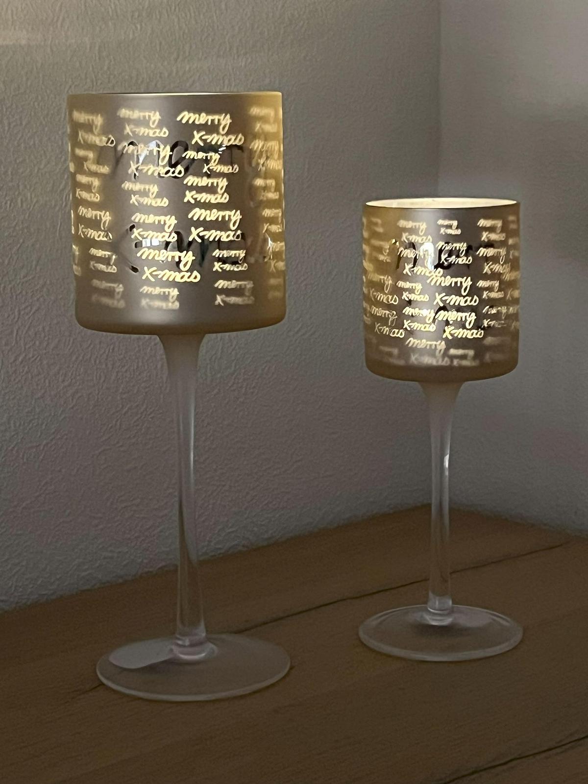 Набір підсвічників 2-штучний Скло Ліхтар Чашка Висота 20/25 см Золотий Внутрішній Сріблястий Зимовий ліс, фото №3