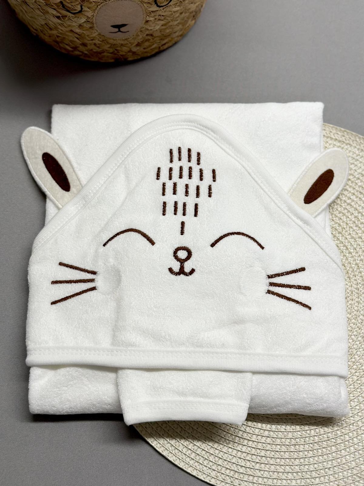 Махровий рушник-куточок для малюка та мочалка Котик молочний, фото №1