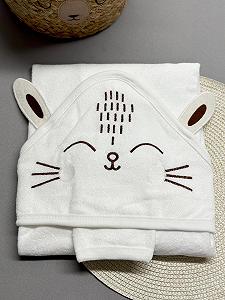 Махровий рушник-куточок для малюка та мочалка Котик молочний - Фото 1