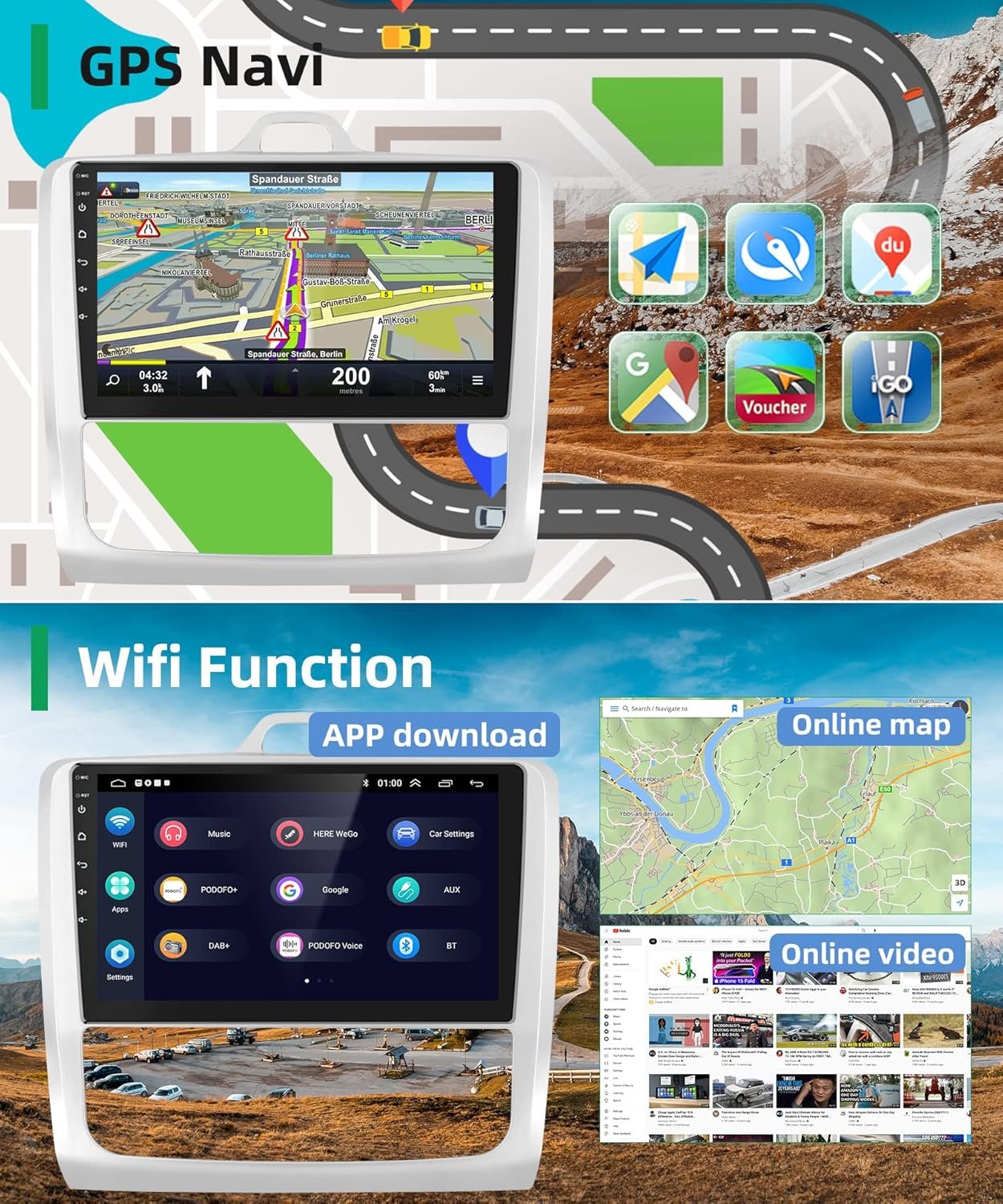Штатна автомагнітола Hodozzy для Ford Focus 2004-2011 / 9" / Сенсорна / 2/32Гб / Android 13 / Apple CarPlay / Android Auto / Bluetooth / WI-FI / GPS / USB, фото №4