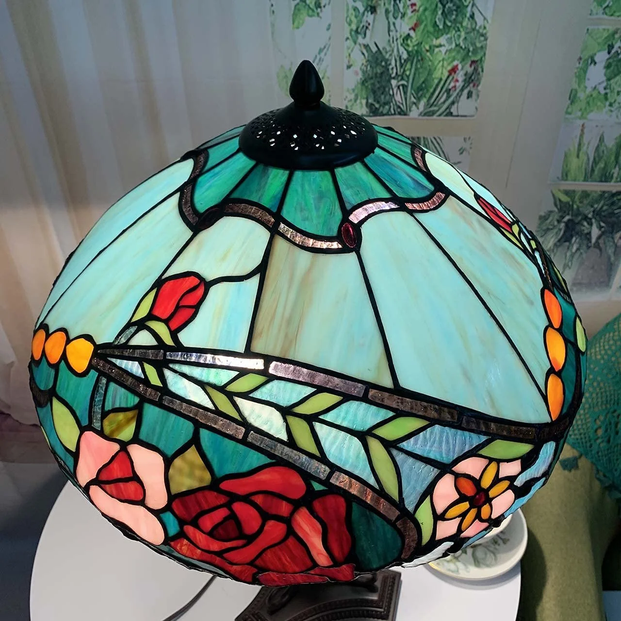 Настільна лампа Bieye Tiffany Style L30738 подвійне підсвічування вітражне скло пелюстки троянд 16"x24", фото №4