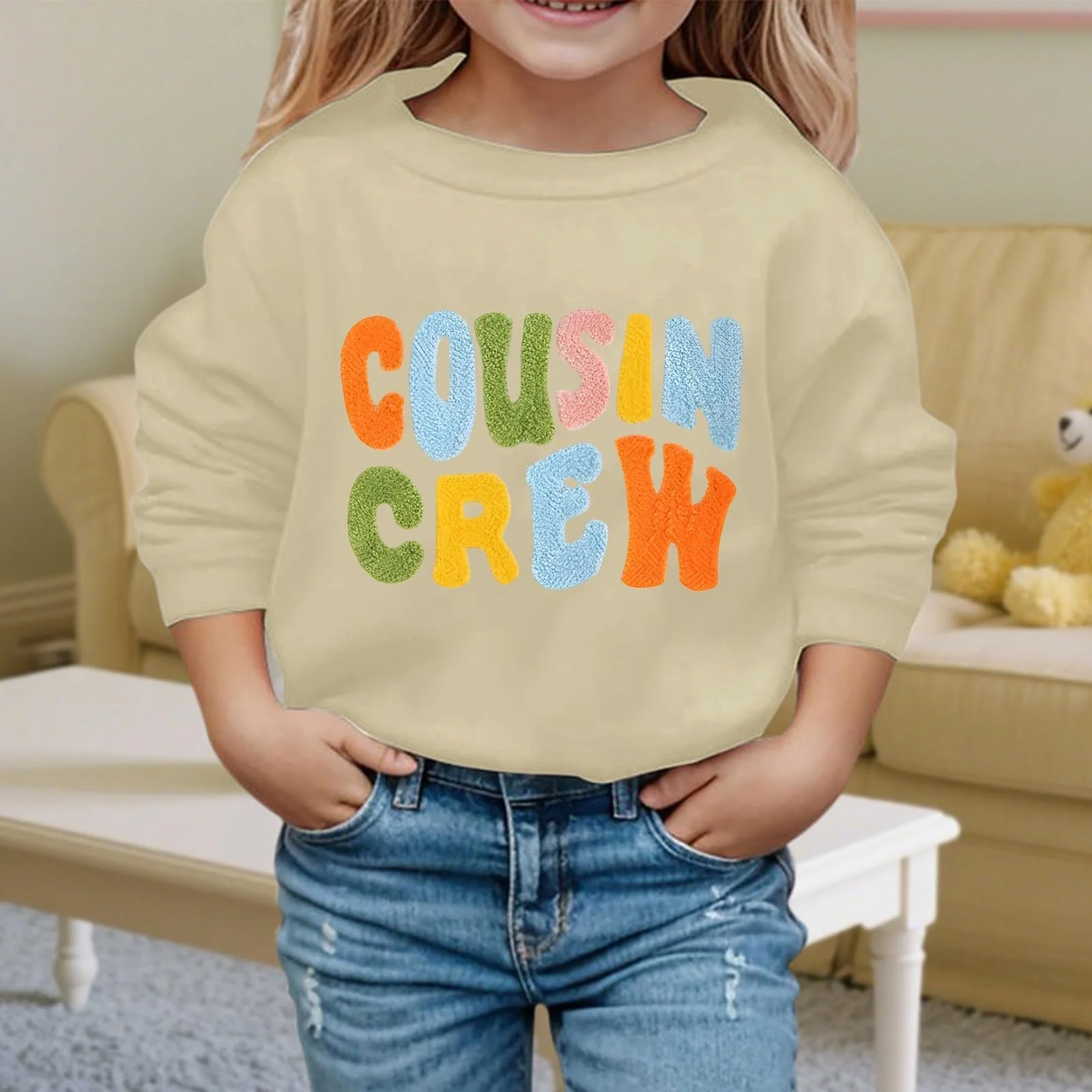 Повседневный модный свитшот для девочки с принтом букв, круглым вырезом и длинными рукавами, фото №3