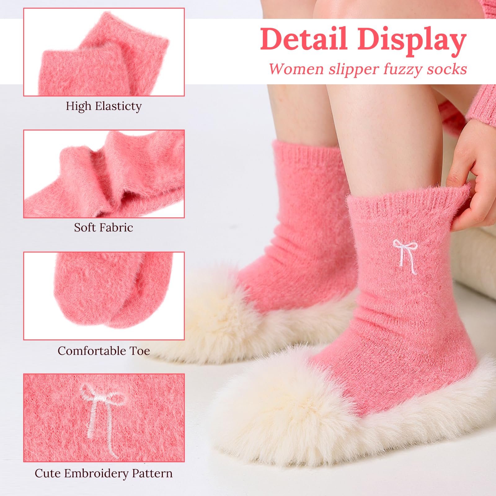Носки Abeillo, 4 пары, Мягкие пушистые зимние носки, Теплые домашние носки из кораллового флиса, Милые удобные носки с бантом для зимы, фото №2