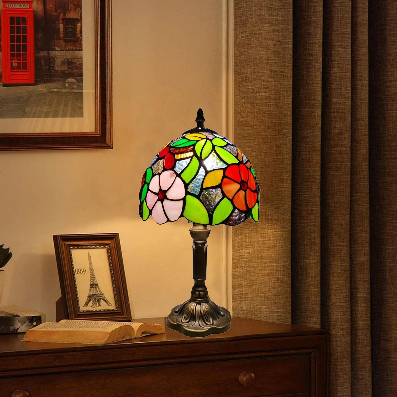 Настільна лампа Tiffany Retro Small E27 LED Квітковий та виноградний візерунок Кольорова, фото №5