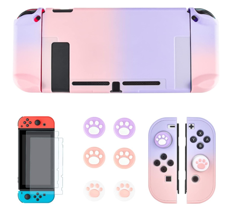 Супер комплект Кейс soft touch чехол стекло 2 накладки для Nintendo Switch OLED Purple-Pink, фото №3