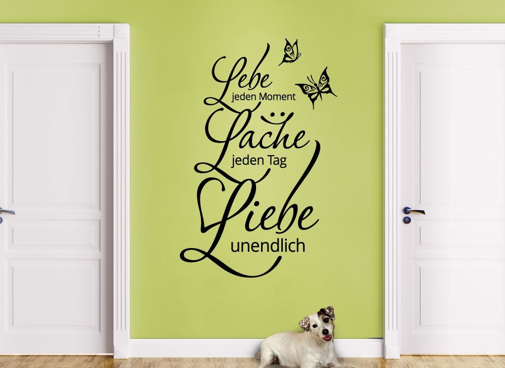 Наклейка на стіну Grandora W892 Цитата "Lebe... Lache... Liebe..." з метеликами та квітами 58 x 89 см Чорний, фото №1