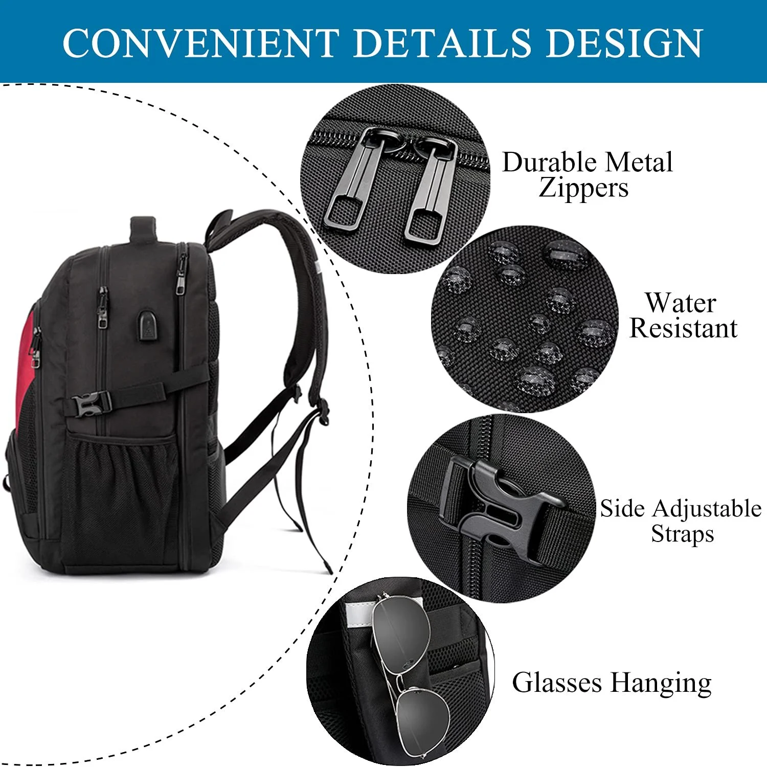 Рюкзак для ноутбука 50L Extra-Large Waterproof 17 дюймів USB Charging Port Anti-Theft Red, фото №5 Рюкзак для ноутбука 50L Extra-Large Waterproof 17 дюймів USB Charging Port Anti-Theft Red, фото №5