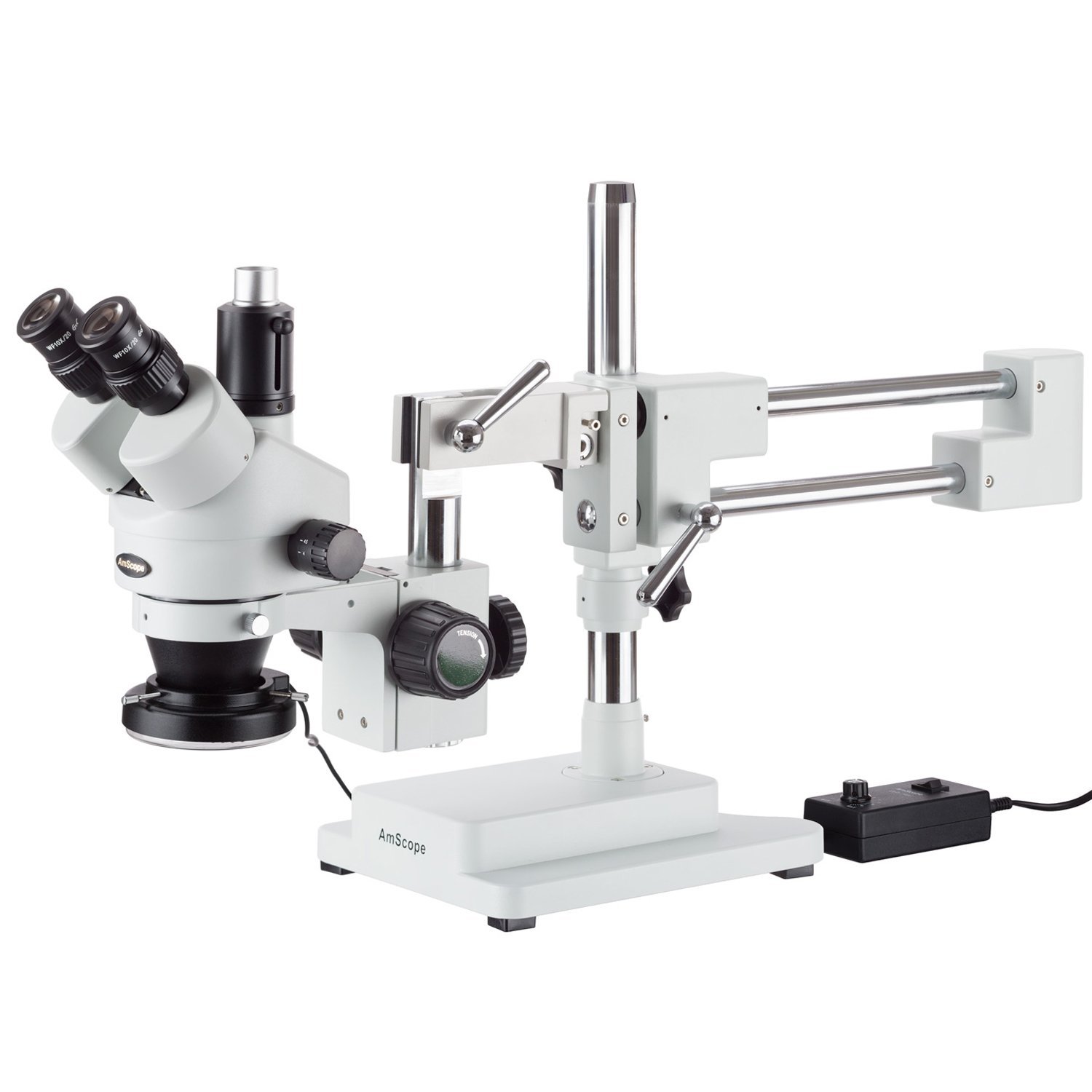 Стереомикроскоп AmScope 7X-45X с зумом, на двухрычажной штативной стойке с кольцевой подсветкой из 144 светодиодов и 5-мегапиксельной камерой, фото №2