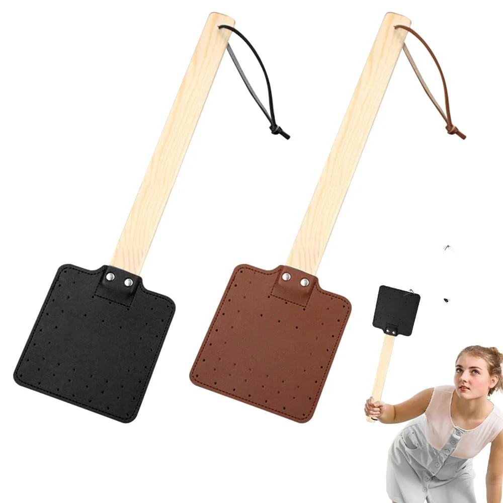 Мухобойка Кожаная Pack of 2 с длинной деревянной ручкой прочная, фото №1