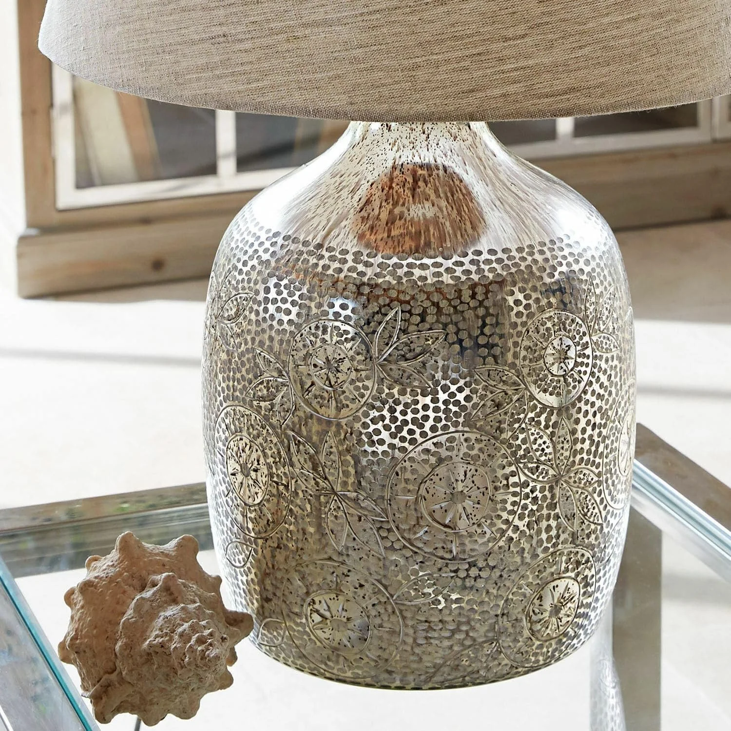 Настільна лампа LOBERON Leonarda Скляна основа Льон Античне срібло/Кремовий, фото №6