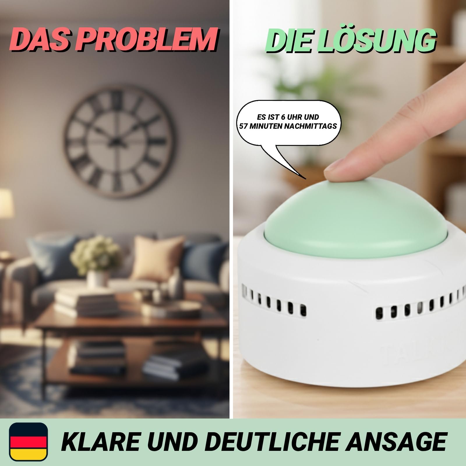 Настільний годинник TalkJoy для сліпих, літніх людей та людей з вадами зору, з датчиком плескання, 5 мов на вибір, 4 будильники на день, підказка часу та дати, німецький голос, фото №2 Настільний годинник TalkJoy для сліпих, літніх людей та людей з вадами зору, з датчиком плескання, 5 мов на вибір, 4 будильники на день, підказка часу та дати, німецький голос, фото №2