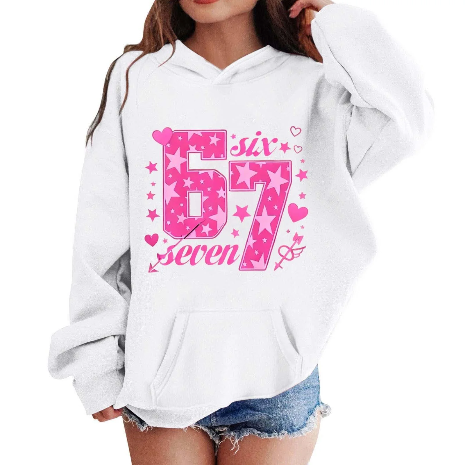 Худи Six Seven Meme для девочек, с длинными рукавами и капюшоном, с принтом 67, удобный мягкий свитшот, подростковая уличная одежда, повседневный модный худи для девочек и мальчиков, фото №1
