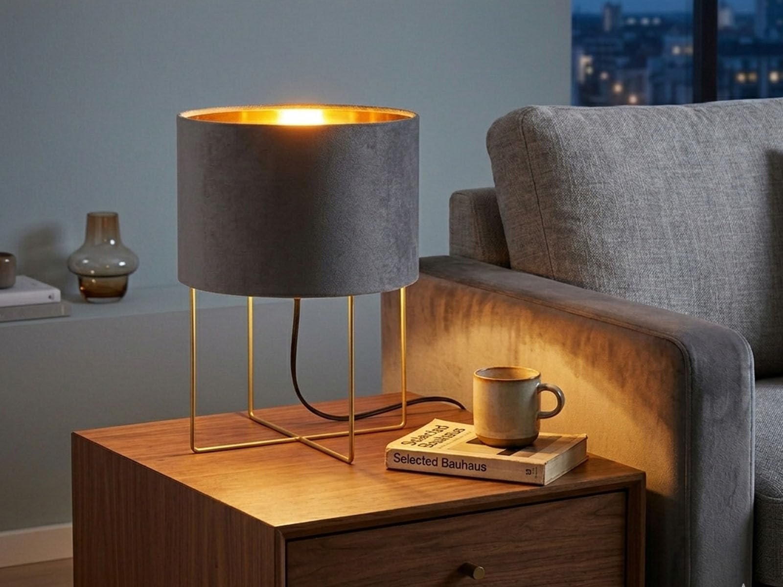 Настільна лампа Велюровий абажур Сіра Золотиста 24 см., фото №7