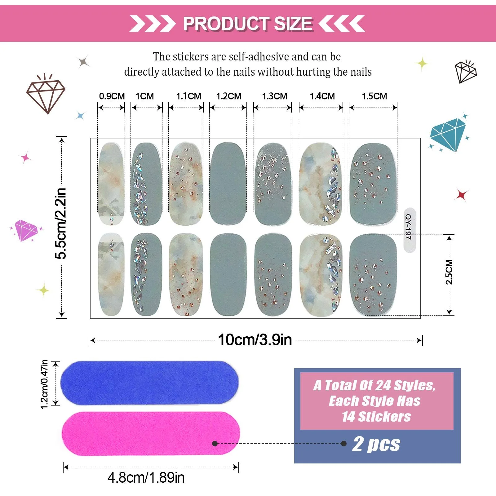 Наклейки для нігтів Kalolary 24 Sheets фольговані з 2 пилками самоклеючі Glitter Diamond, фото №6 Наклейки для нігтів Kalolary 24 Sheets фольговані з 2 пилками самоклеючі Glitter Diamond, фото №6