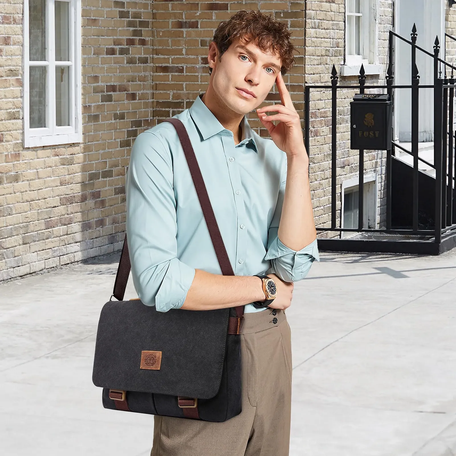 Сумка через плече POSSOBAG Vintage чоловіча, для ноутбука 15 дюймів, велика ємність, чорна, фото №2