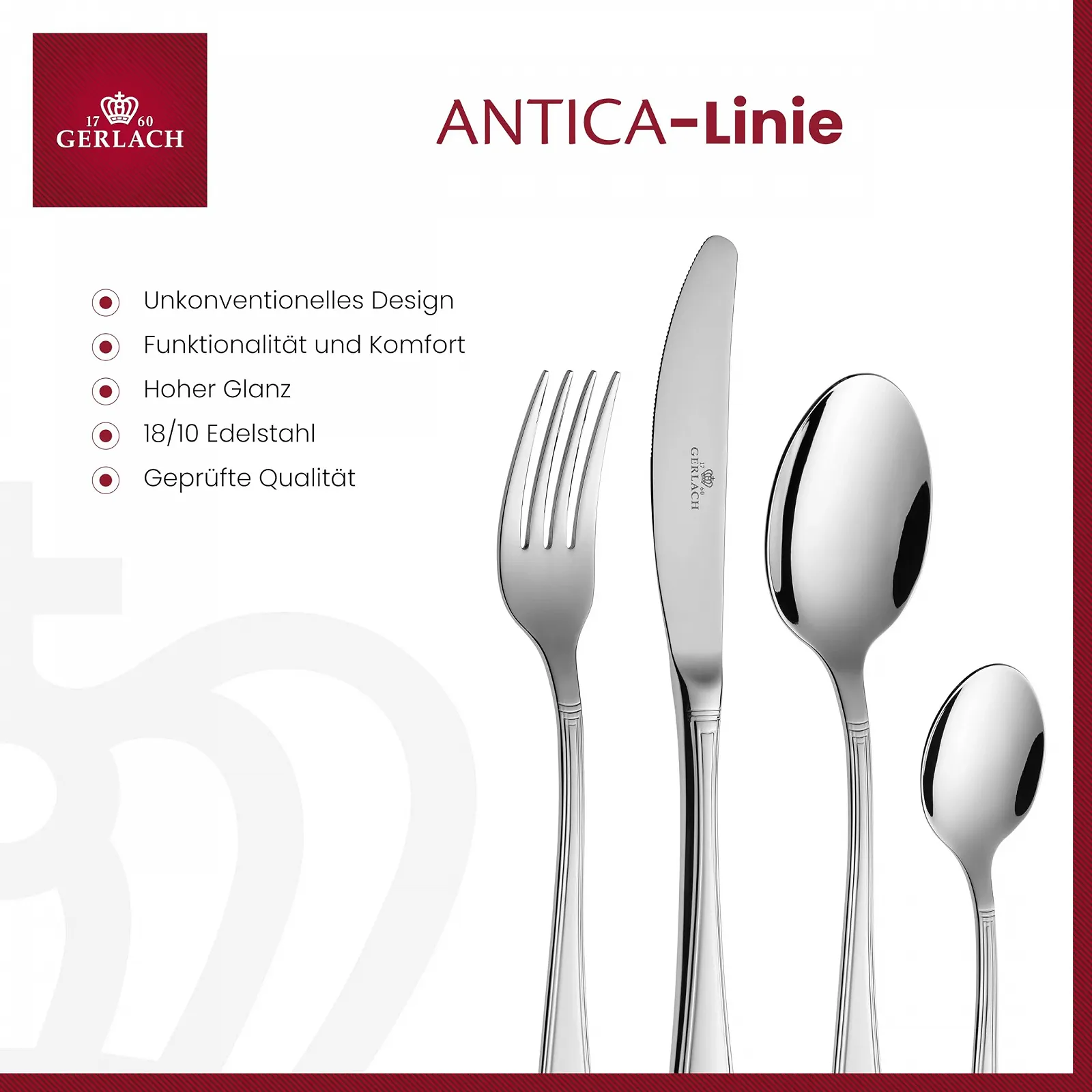 Набор столовых приборов Gerlach Antica на 6 персон (нож, вилка, ложка, чайная ложка), нержавеющая сталь, 24 шт., фото №2