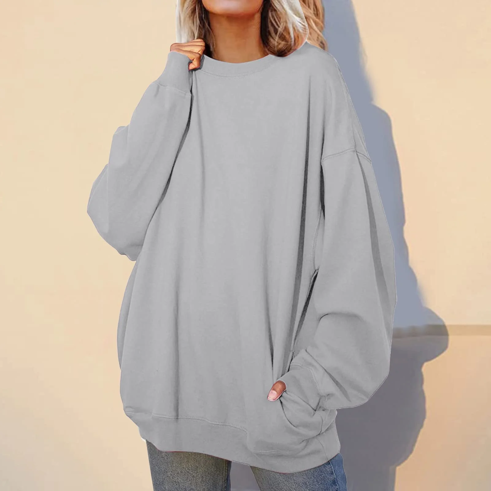 Женский Свитшот с карманами Однотонный Длинный Модный С круглым вырезом Флис Свободный Мягкий Аниме Дизайн, фото №3